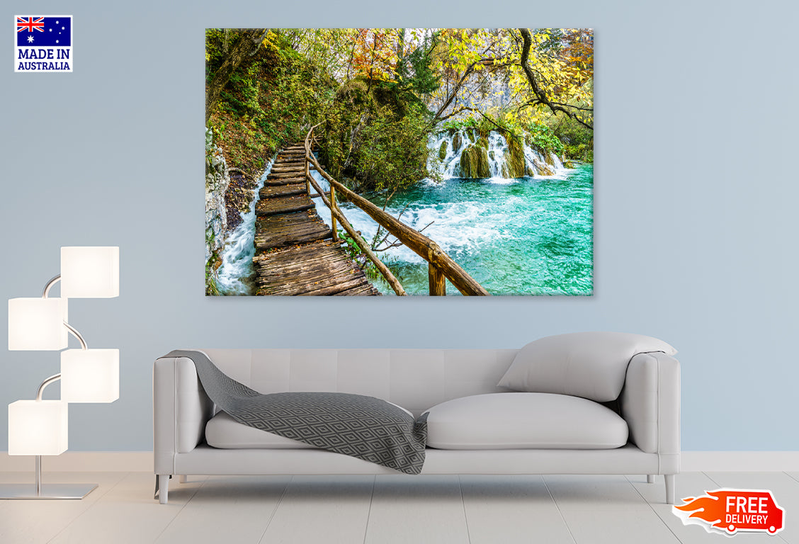 Wooden Pier & Waterfall in Forest Scenery Print 100% Australian Made Stretched Canvas Ready to Hang - NT-124