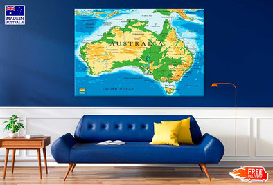 Australia Physical Map Vector Print 100% Australian Made Stretched Canvas Ready to Hang - MP-124