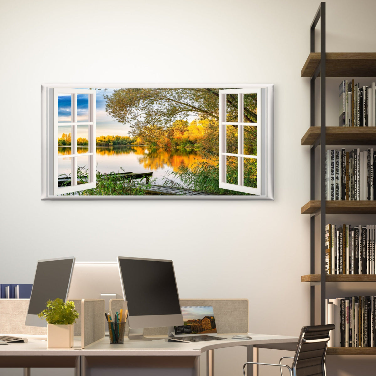 Autumn Gold Lake Reflection Wall Art Canvas Office Home Room Framed 120x60cm
