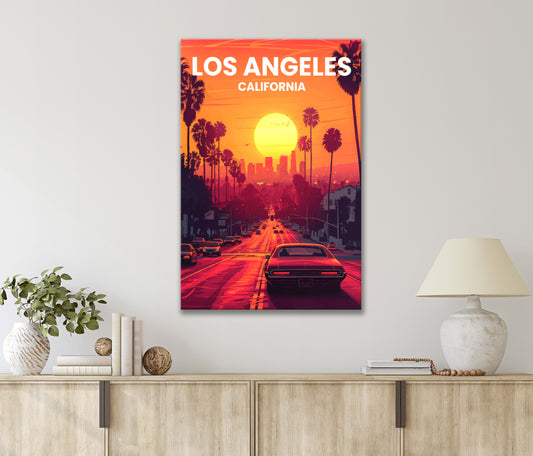 Car & Stunning Sunset Cityscape In Los Angeles, California Print 100% Australian Made 40x60cm Stretched Canvas Ready to Hang