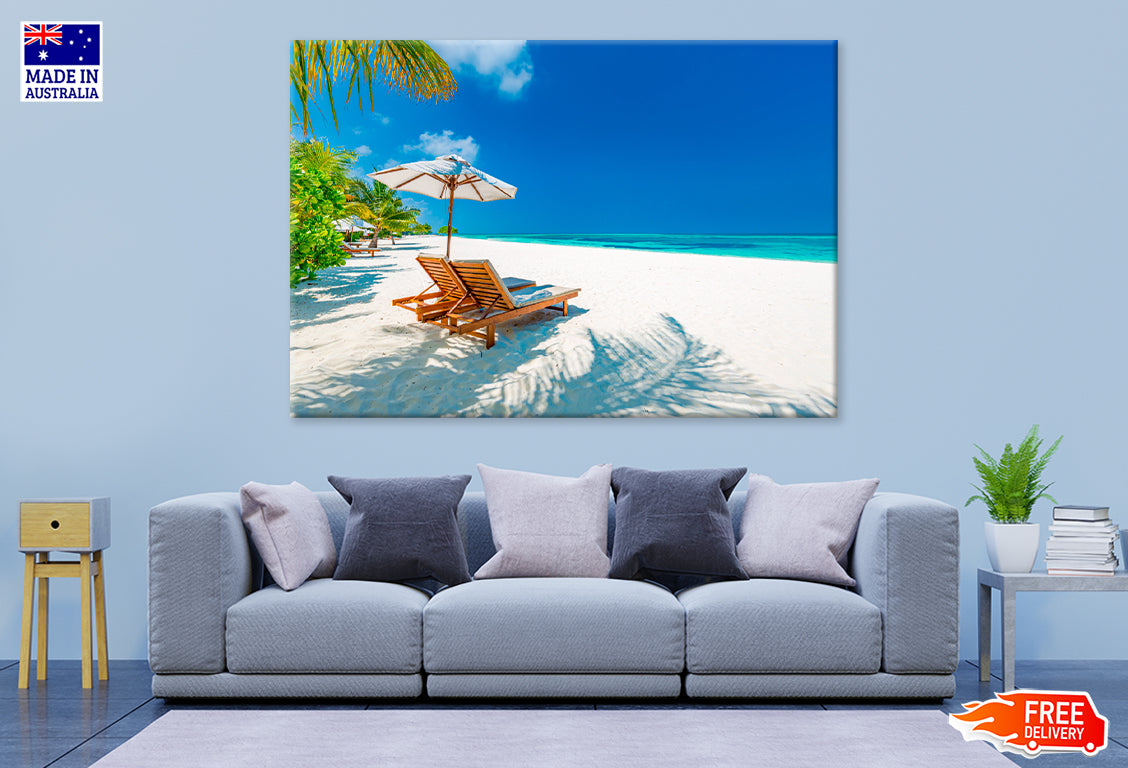 Beach Loungers Near The Sea With Sand Print 100% Australian Made Stretched Canvas Ready to Hang - BC-124