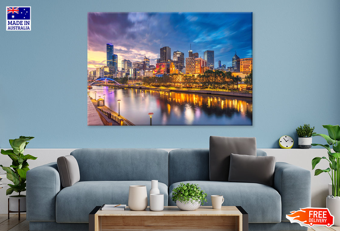 Cityscape of Melbourne Dramatic Sunset View Print 100% Australian Made Stretched Canvas Ready to Hang - AU-124