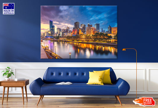 Cityscape of Melbourne Dramatic Sunset View Print 100% Australian Made Stretched Canvas Ready to Hang - AU-124