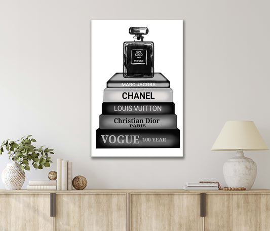 Books Of Famous Signature Brands With A Perfume Bottle Print 100% Australian Made 40x60cm Stretched Canvas Ready to Hang