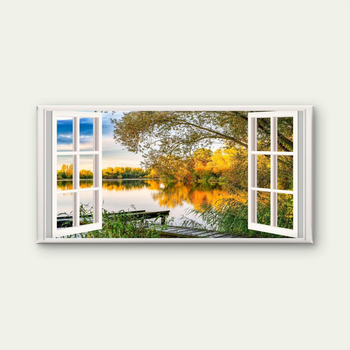 Autumn Gold Lake Reflection Wall Art Canvas Office Home Room Framed 120x60cm