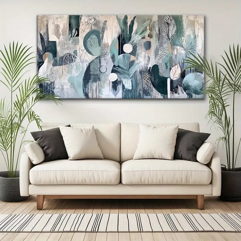 Abstract Plant Garden Green Teal Wall Art canvas office home room framed 120x60cm