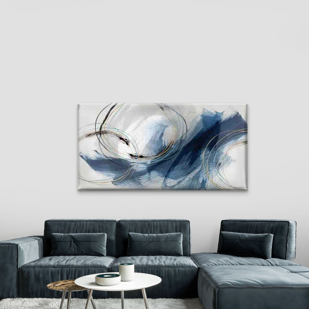 Blue And Golden Circles Wall Art Canvas Office Home Room Framed 120x60cm
