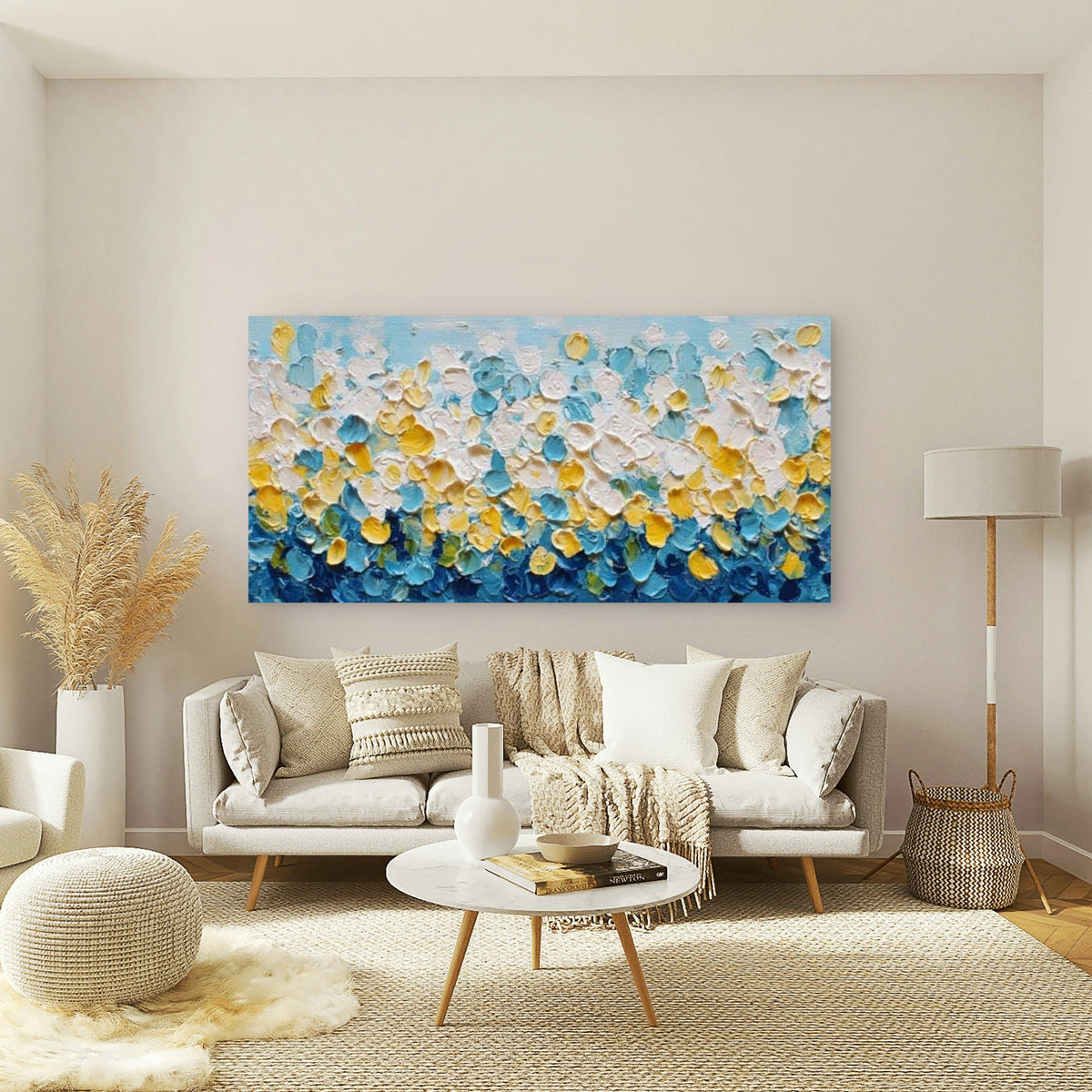 Blue Yellow Palette Knife Art Wall Art Canvas Office Home Room Framed 80x45cm
