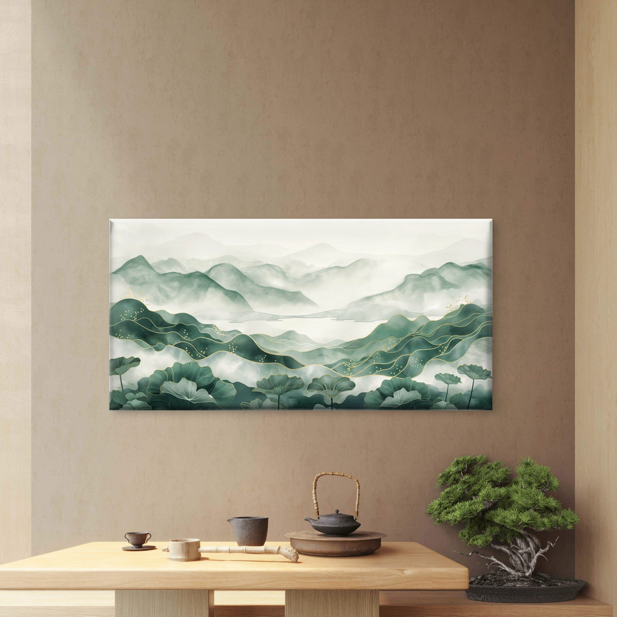 Misty Peaks, Golden Lines Wall Art Canvas Office Home Room Framed 120x60cm