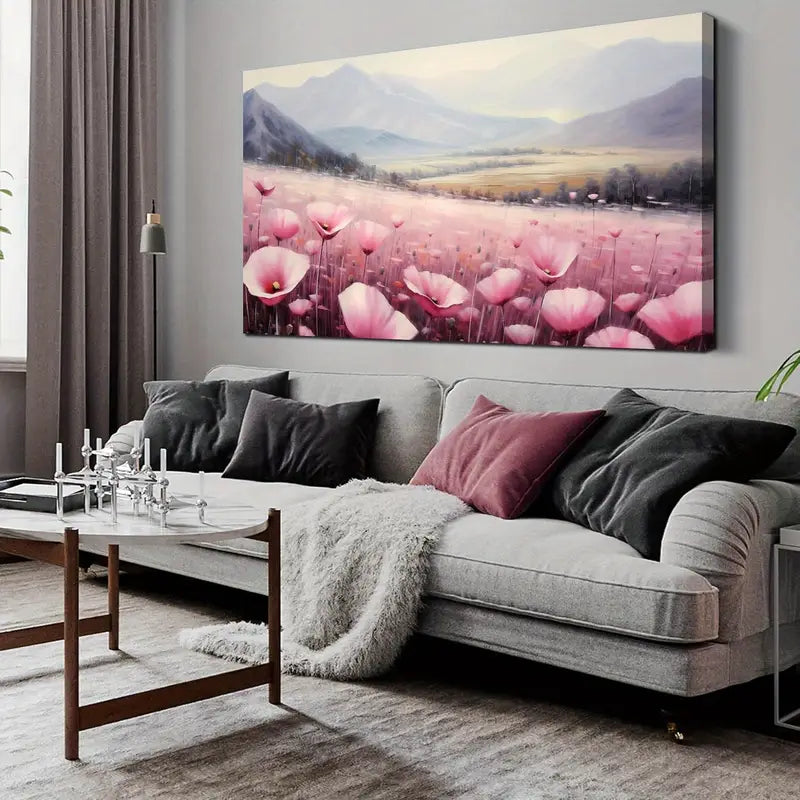 Pink Floral Mountain Sunrise Sky Wall Art canvas office home room framed 120x60cm