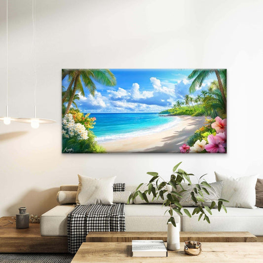 Tropical Paradise Beach Wall Art Canvas Office Home Room Framed 80x45cm