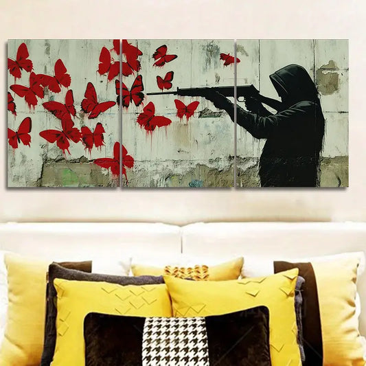 3pcs Red Butterflies & Gunman Metal Print Ready to Hang Art