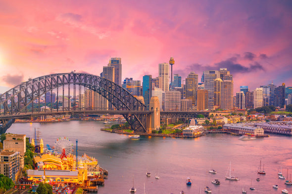 Downtown Sydney skyline Sunset Print 100% Australian Made Stretched Canvas Ready to Hang - AU-125