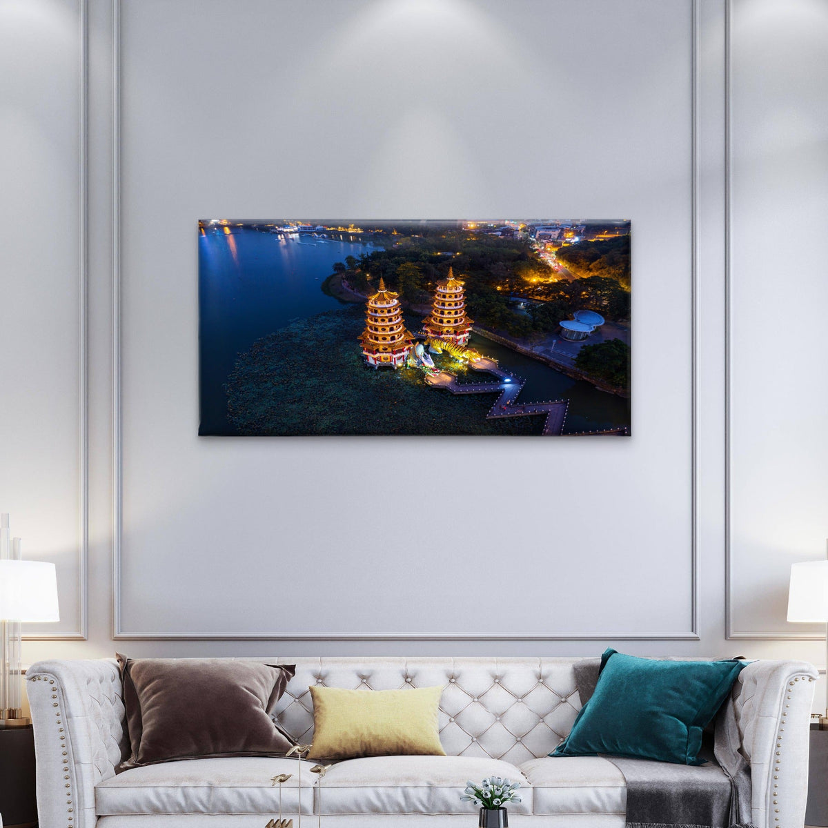 Dragon Tiger Pagodas Night Kaohsiung Taiwan Wall Art Canvas Office Home Room Framed 80x45cm