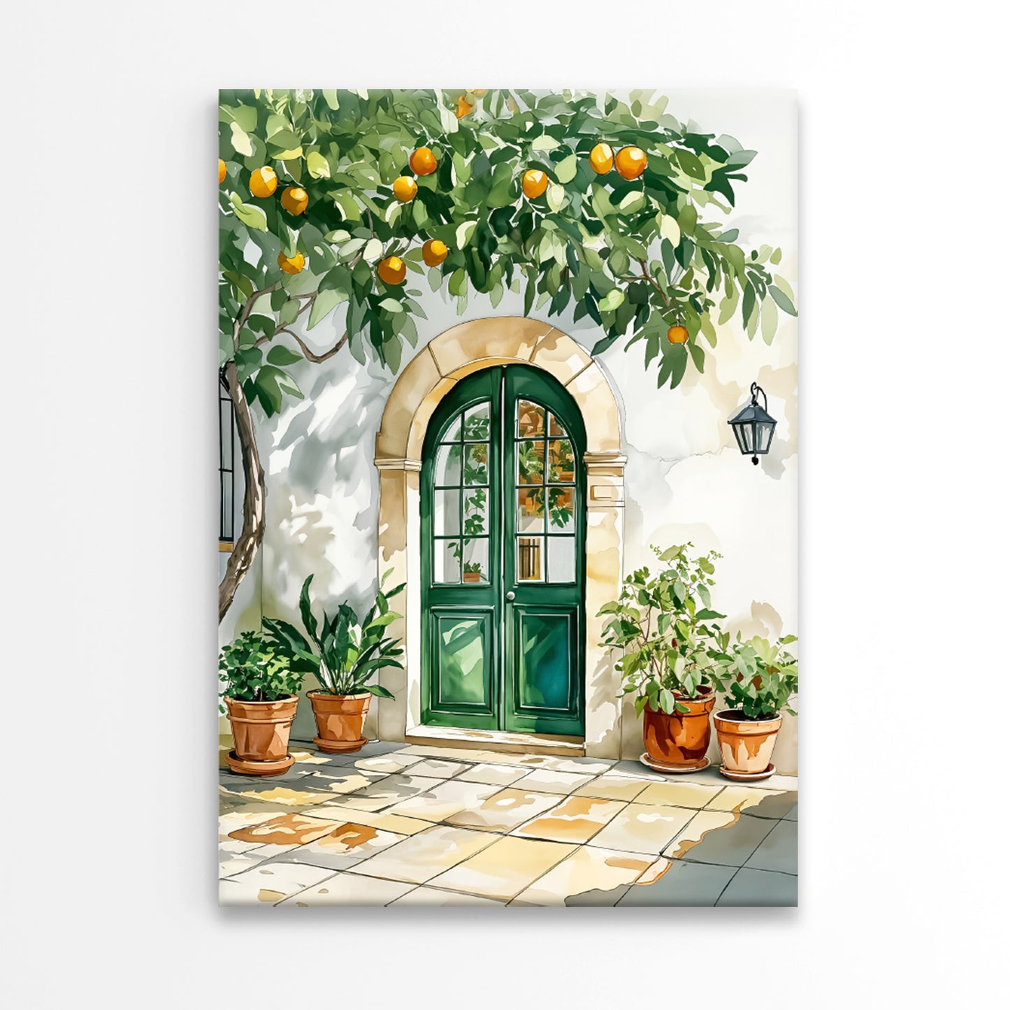 Painting Of Green Door and Potted Plants Print 100% Australian Made 40x60cm Stretched Canvas Ready to Hang