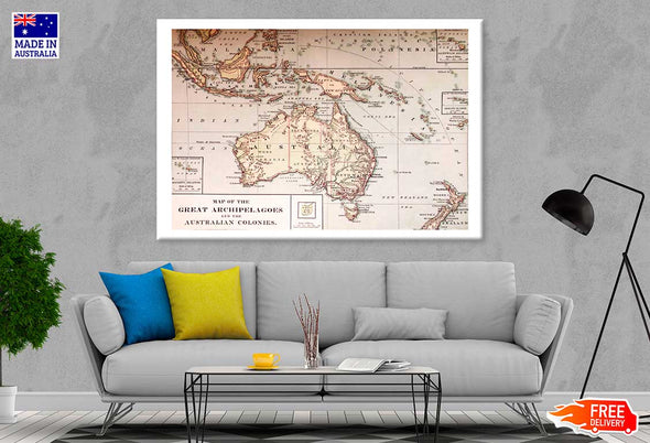 1878 Geography Old Map Australia Print 100% Australian Made Stretched Canvas Ready to Hang - MP-125