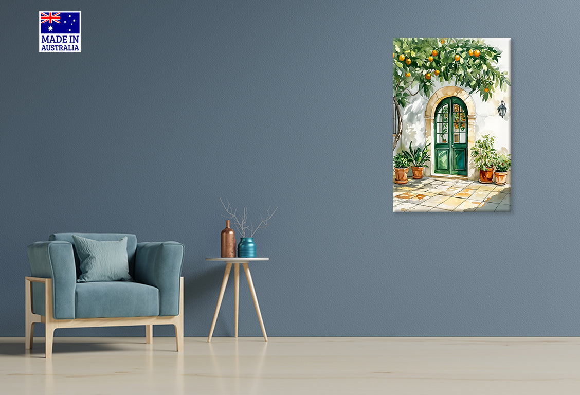 Painting Of Green Door and Potted Plants Print 100% Australian Made 40x60cm Stretched Canvas Ready to Hang