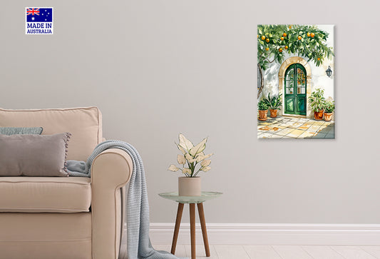 Painting Of Green Door and Potted Plants Print 100% Australian Made 40x60cm Stretched Canvas Ready to Hang