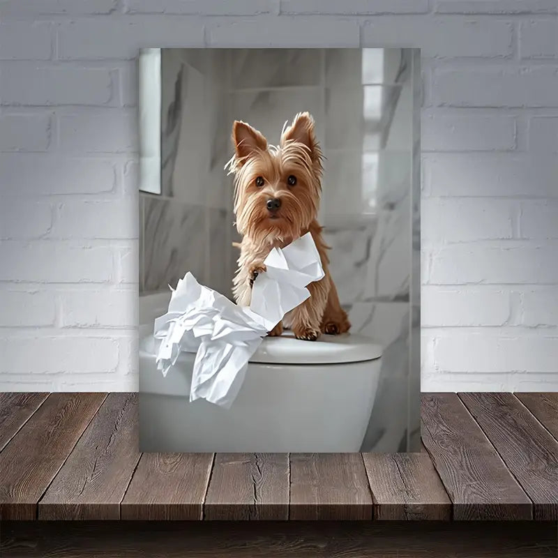 Playful Yorkshire Terrier on Toilet Print 100% Australian Made 40x60cm Stretched Canvas Ready to Hang