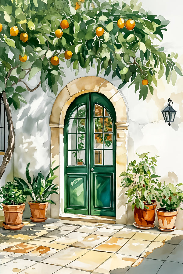 Painting Of Green Door and Potted Plants Print 100% Australian Made 40x60cm Stretched Canvas Ready to Hang