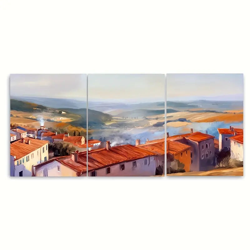 3pcs Golden Hour Warm Village Sunset Metal Print Ready to Hang Art