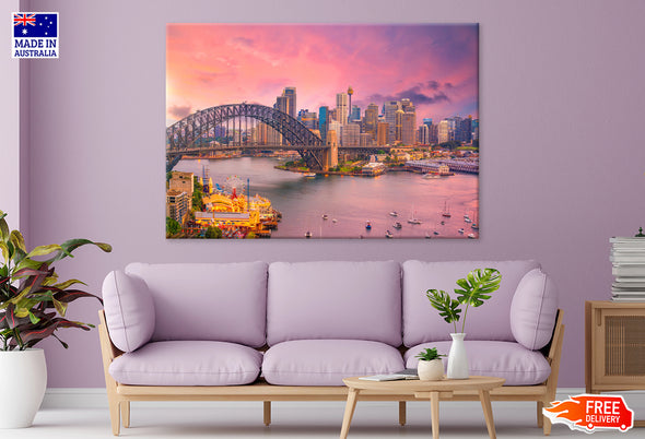 Downtown Sydney skyline Sunset Print 100% Australian Made Stretched Canvas Ready to Hang - AU-125