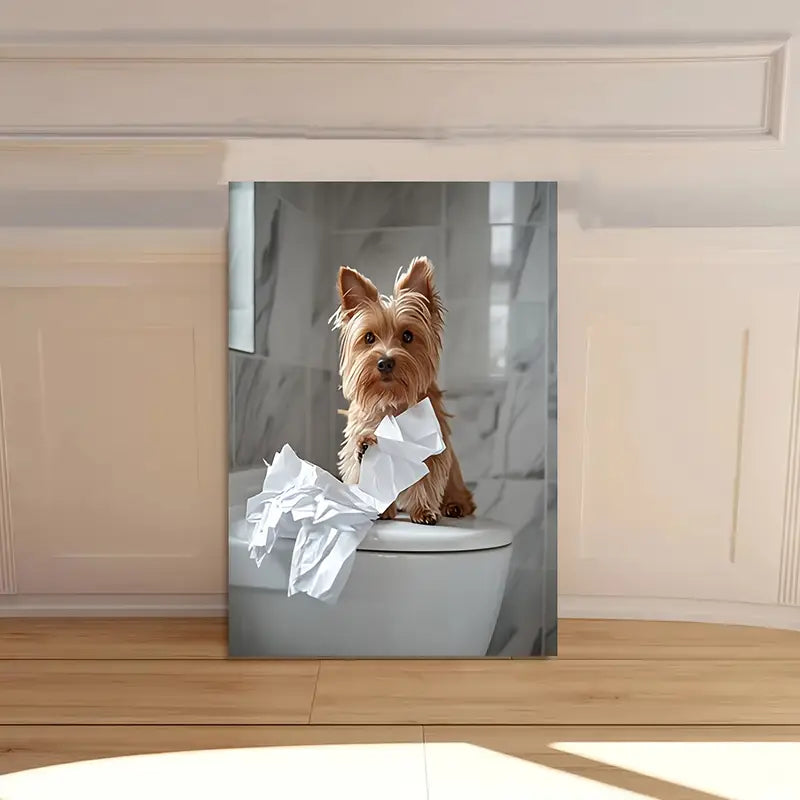 Playful Yorkshire Terrier on Toilet Print 100% Australian Made 40x60cm Stretched Canvas Ready to Hang