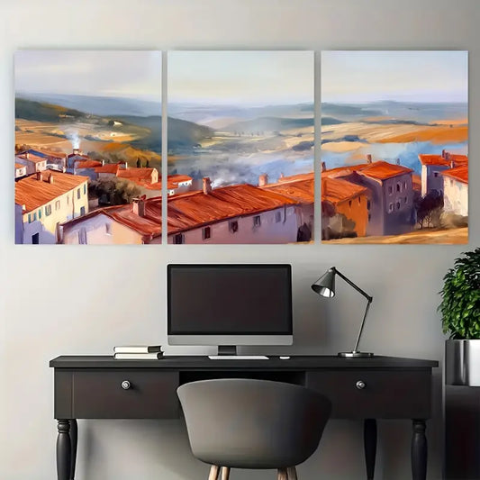 3pcs Golden Hour Warm Village Sunset Metal Print Ready to Hang Art