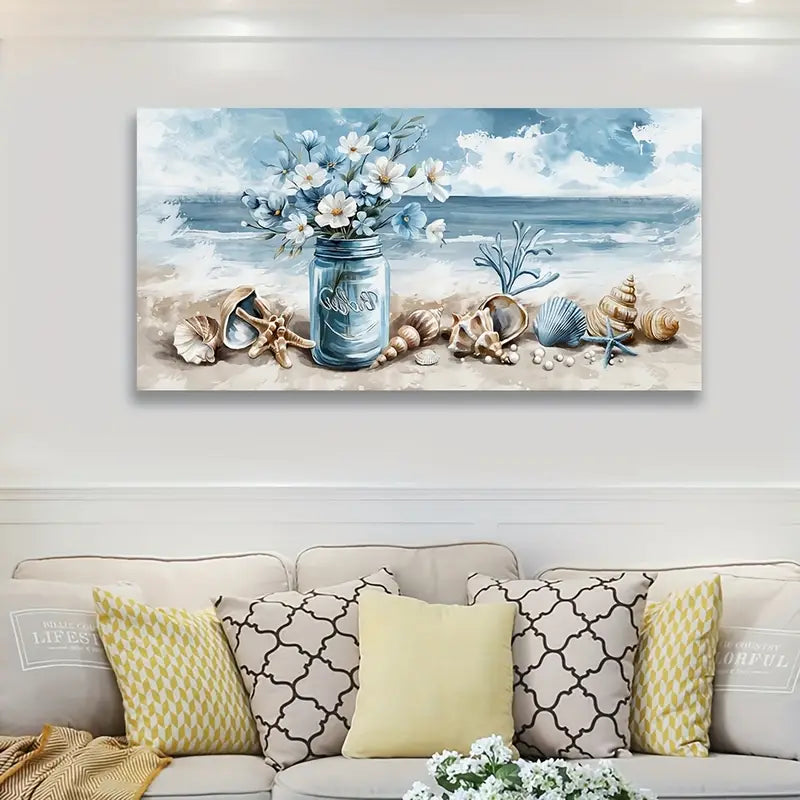 Rustic Seashell & Floral Jar Scene, Ocean Wall Art canvas office home room framed 120x60cm