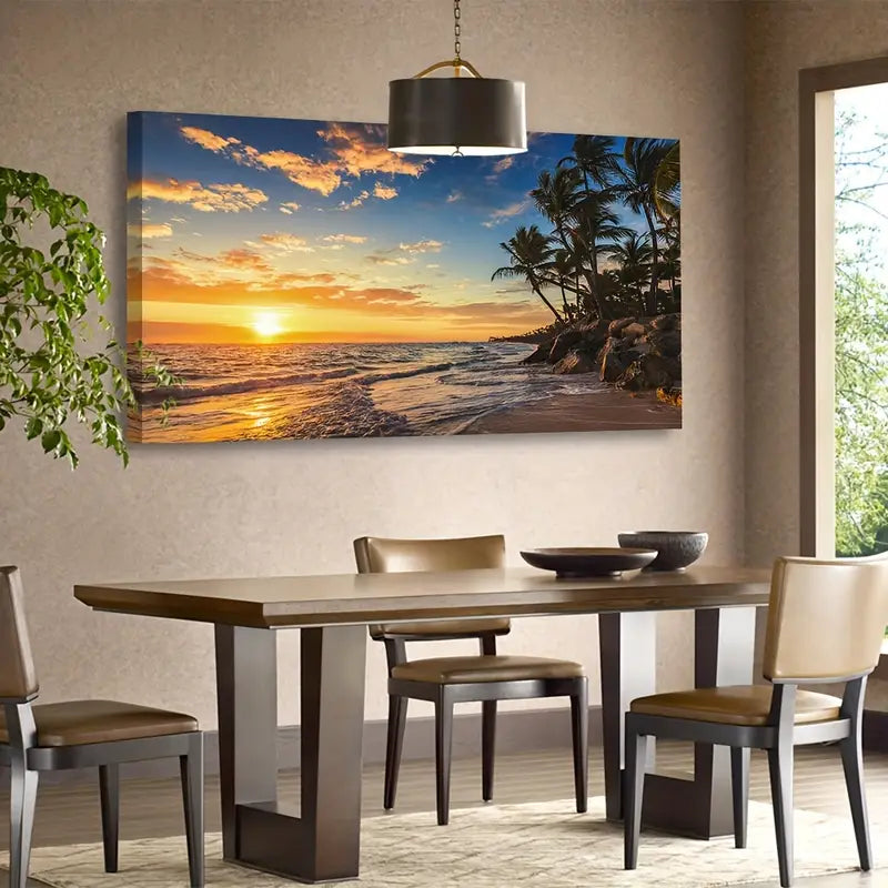 Tropical Sunset Beach Palm Trees Ocean Waves & Sandy Wall Art canvas office home room framed 120x60cm