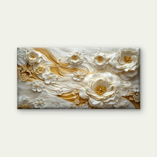 Creamy Golden Floral Cascade Wall Art Canvas Office Home Room Framed 80x45cm