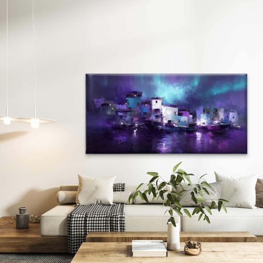 Purple Night City Waterfront Wall Art Canvas Office Home Room Framed 80x45cm