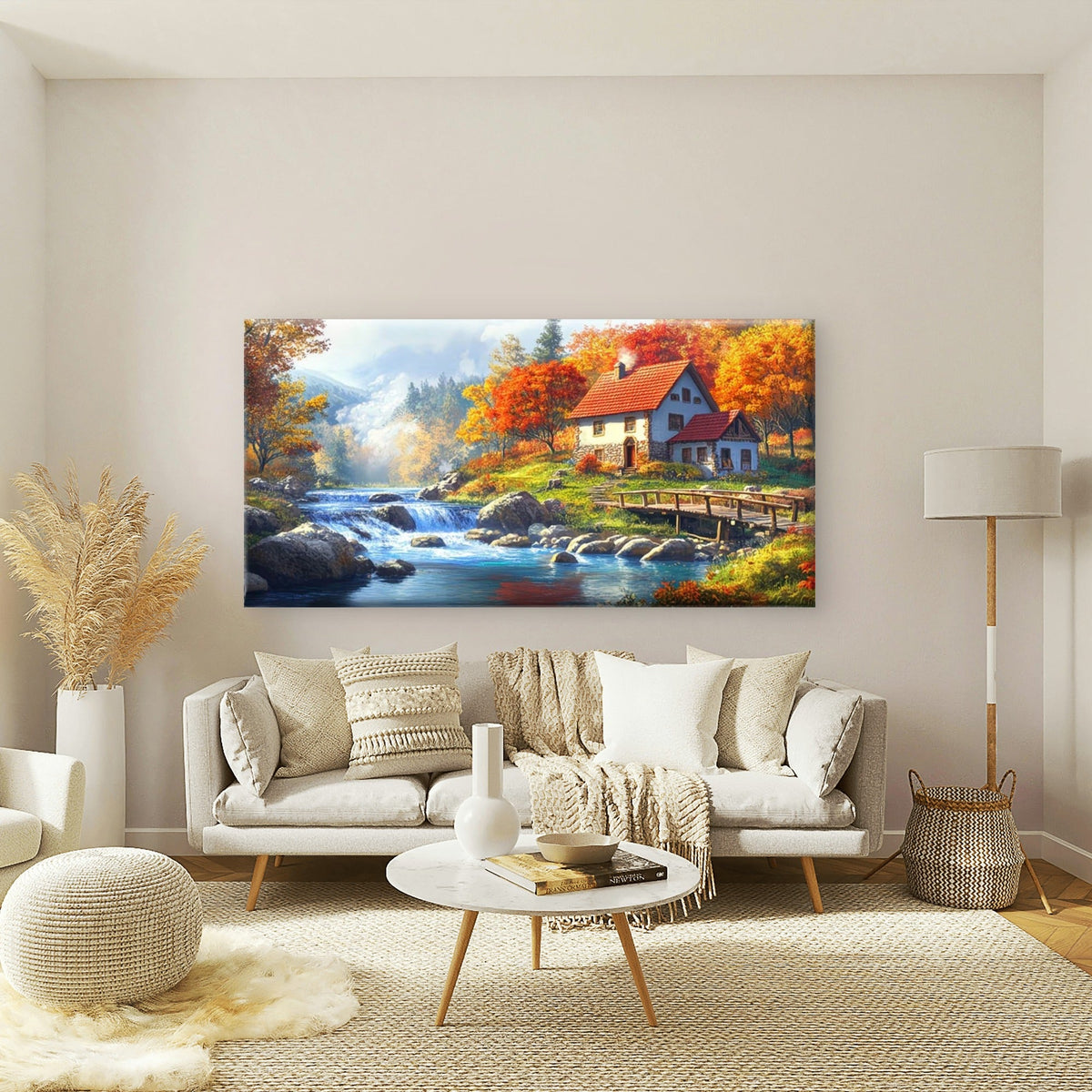Autumn Glow Near River Wall Art Canvas Office Home Room Framed 120x60cm