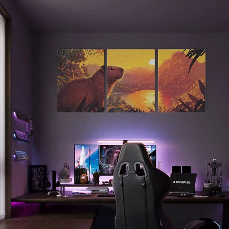 3pcs Cute Capybara Sunrise Over Ancient Lake Metal Print Ready to Hang Art