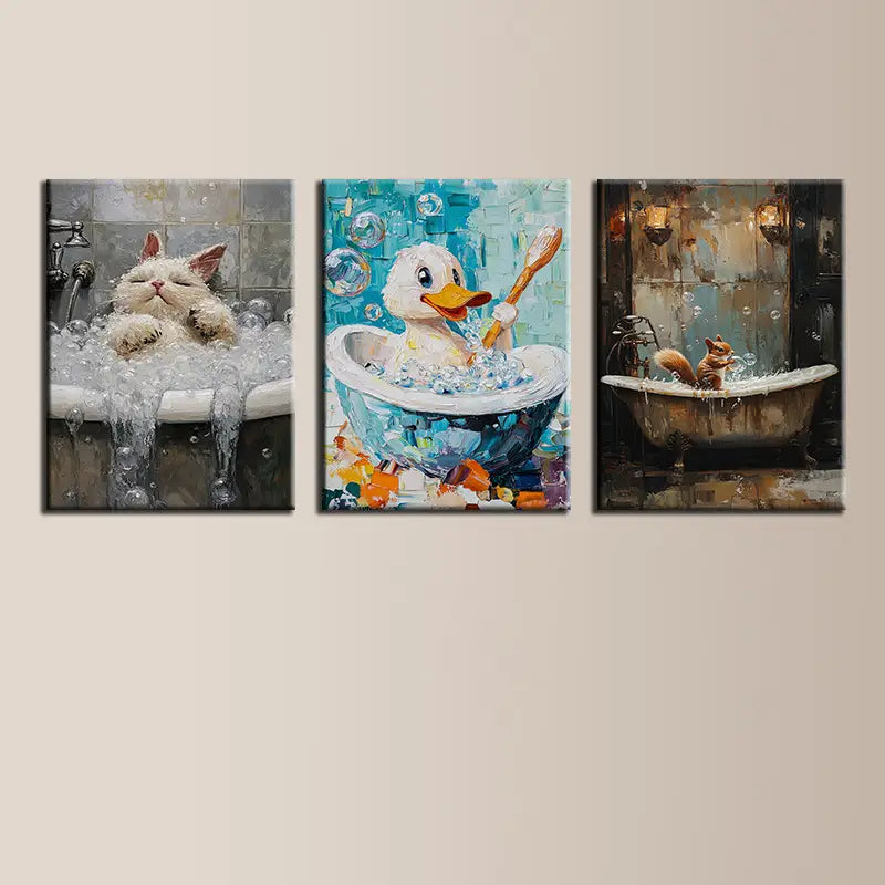 3pcs Naughty Cat, Duck & Squirrel Abstract Design Metal Print Ready to Hang Art