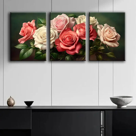 3pcs Vibrant Pink & White Roses Metal Print Ready to Hang Art