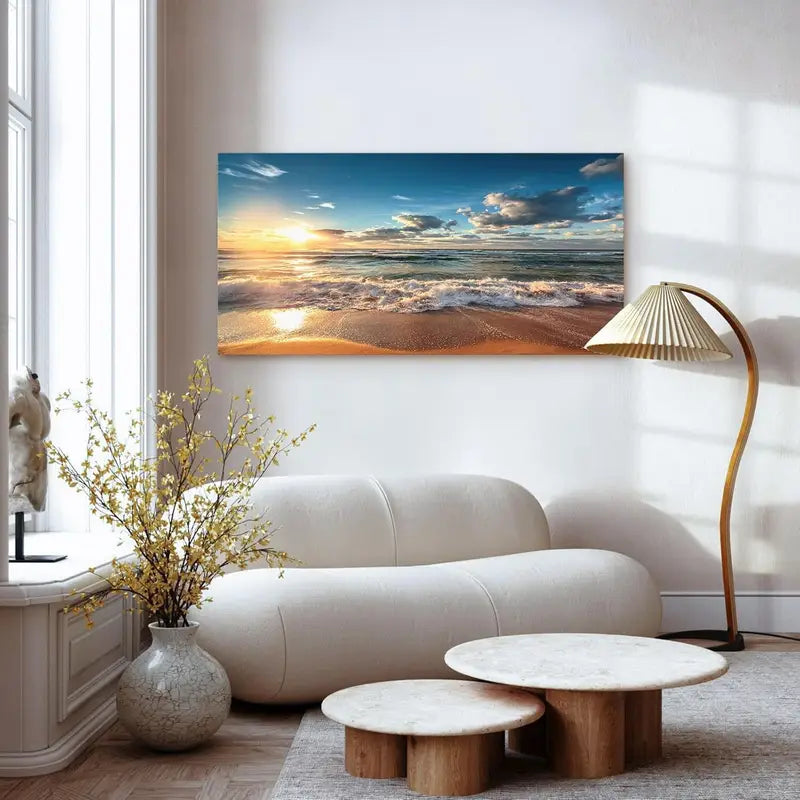 Beach Sunset Ocean Coastal White Clouds Wall Art canvas office home room framed 120x60cm