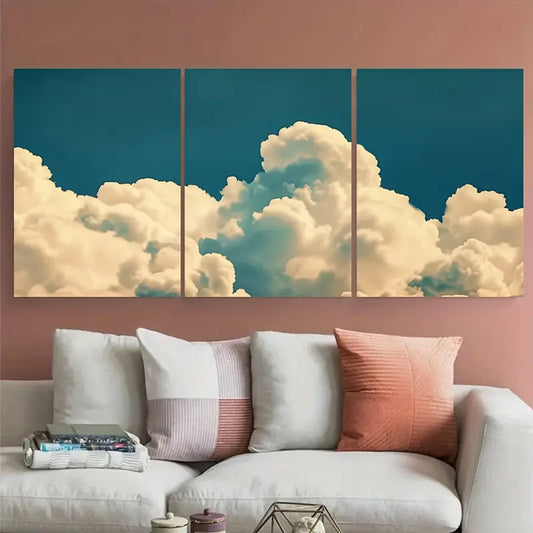3pcs Vintage Clouds in Sky Blue White Metal Print Ready to Hang Art