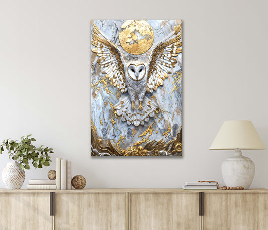 Beauty Of White and Gold Owl with Wings on A Marble Plaque Print 100% Australian Made 40x60cm Stretched Canvas Ready to Hang