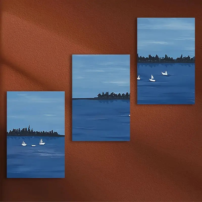 3pcs Serene Blue Water with Sailboats Metal Print Ready to Hang Art