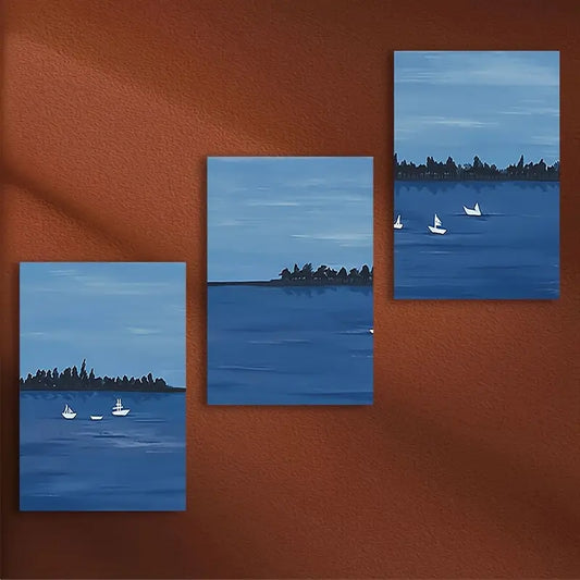 3pcs Serene Blue Water with Sailboats Metal Print Ready to Hang Art