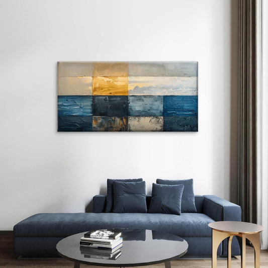 Blue Gold Mosaic Abstract Geometry Wall Art Canvas Office Home Framed 80x45cm