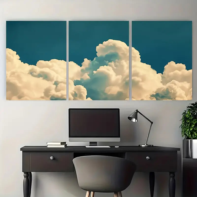 3pcs Vintage Clouds in Sky Blue White Metal Print Ready to Hang Art