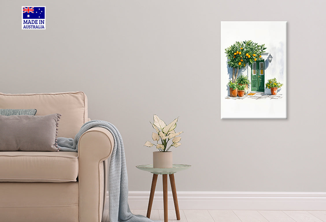 Charming Painting of a Green Door Plants Print 100% Australian Made 40x60cm Stretched Canvas Ready to Hang