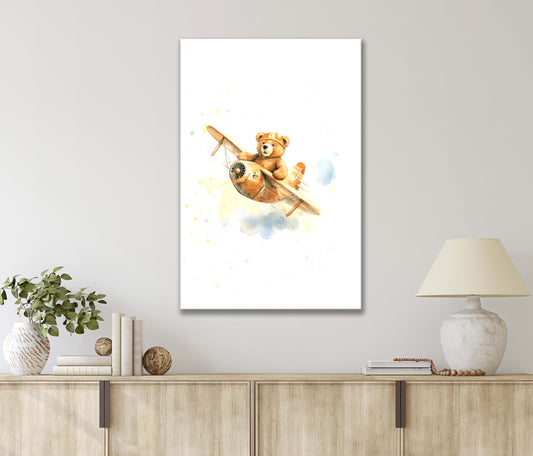 Painting Of Adorable Teddy Bear Riding a Plane Art Print 100% Australian Made 40x60cm Stretched Canvas Ready to Hang