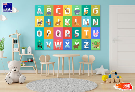 Alphabet with Animals Nursery & Kids Print 100% Australian Made Stretched Canvas Ready to Hang - NK-126