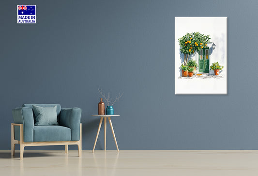 Charming Painting of a Green Door Plants Print 100% Australian Made 40x60cm Stretched Canvas Ready to Hang