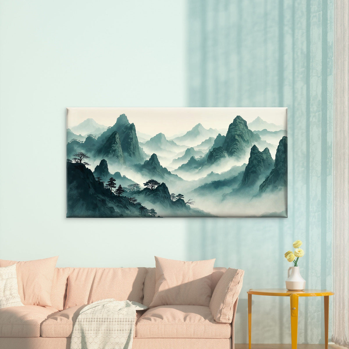 Ethereal Misty Mountain Ink Wall Art Canvas Office Home Room Framed 120x60cm