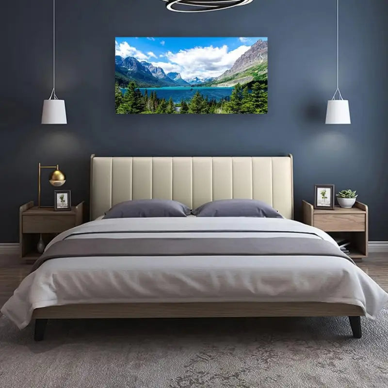 Saint Mary Lake Blue Sky Mountain Forest Nature Scene Wall Art canvas office home room framed 120x60cm