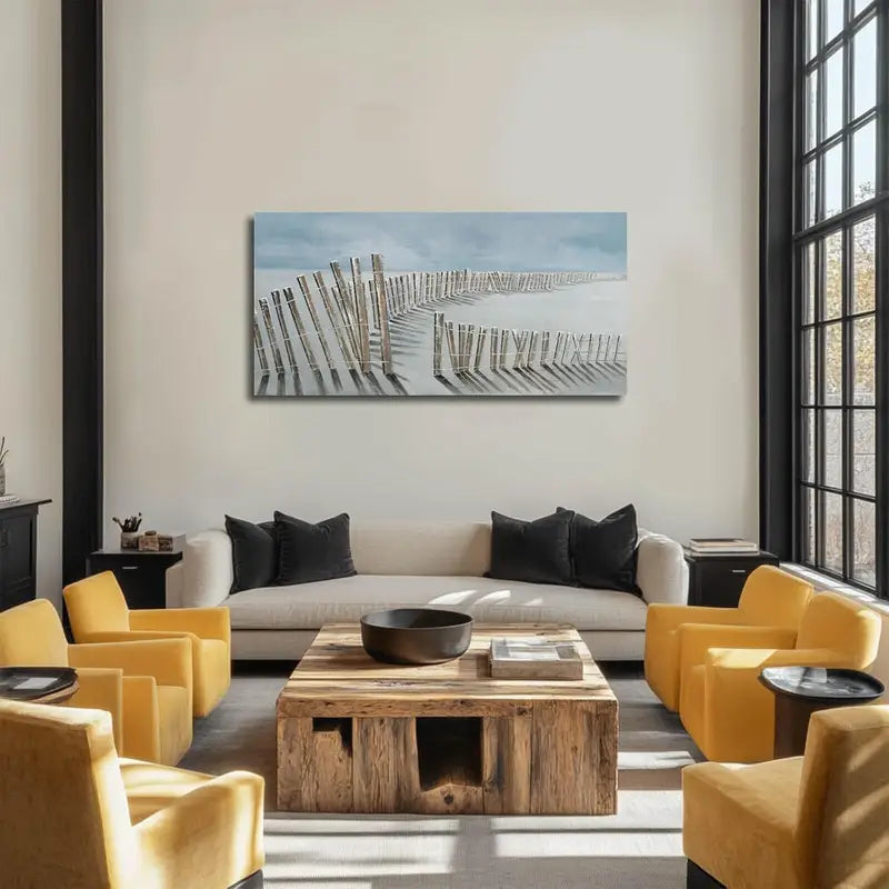 Blue and Beige Coastal Fence Beach Scene Wall Art canvas office home room framed 120x60cm